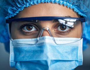 A woman wearing a blue surgical mask and a blue lab coat. She is wearing a pair of blue safety glasses