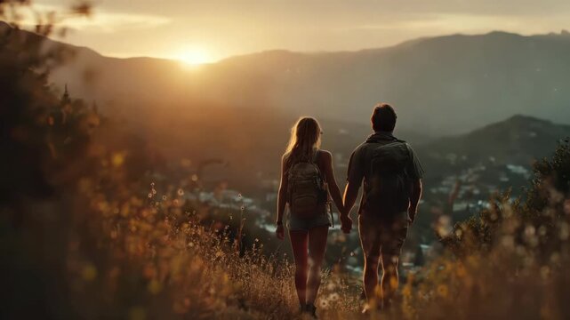 Couple enjoying a romantic sunset walk in the hills, surrounded by nature and tranquility, captured in stunning 4k detail for lasting memories of a beautiful evening