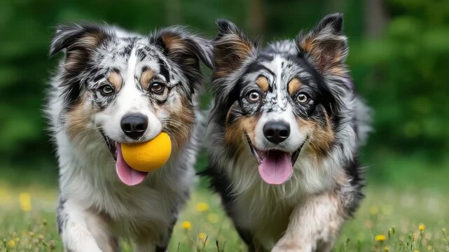 Two joyful Australian Shepherds run happily through a sunny green field, eagerly carrying a bright yellow ball in their mouths during a playful afternoon adventure