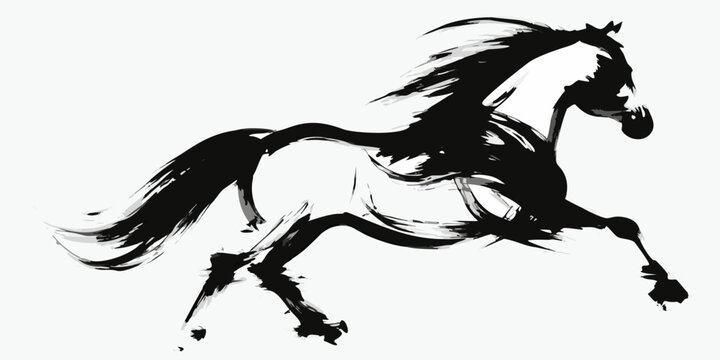 Dynamic black ink wash painting of a galloping horse in motion