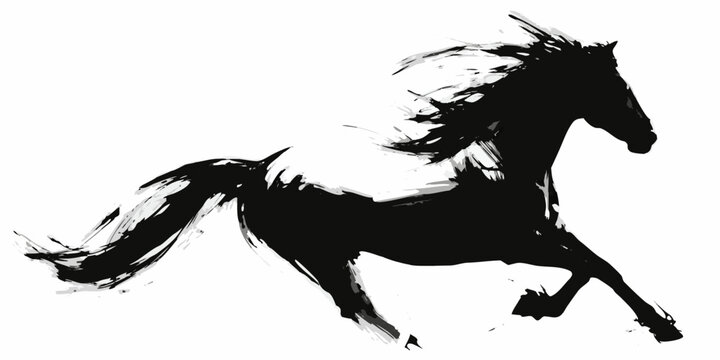 Dynamic brushstroke painting of a running horse in black ink