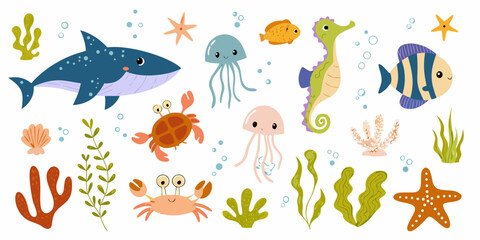 Fototapeta premium Colorful cartoon illustration of various underwater marine life