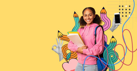 Young black teen girl stands smiling in the studio with a blue backpack and notebooks. She prepares for college studies and is ready to learn. The background is bright and colorful. © Prostock-studio