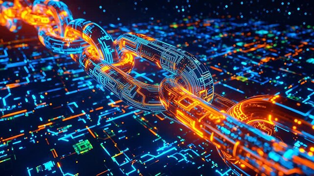 Futuristic glowing chain on circuit board