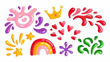 Colorful doodle elements including crowns hearts rainbows and starbursts