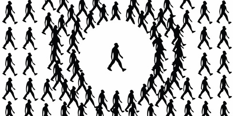 A lone figure stands within a circular crowd of silhouetted people © Dibyendu