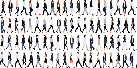 Collage of walking people in various business and casual outfits