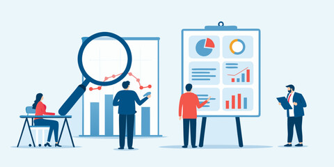 Business team analyzing data and charts with a magnifying glass