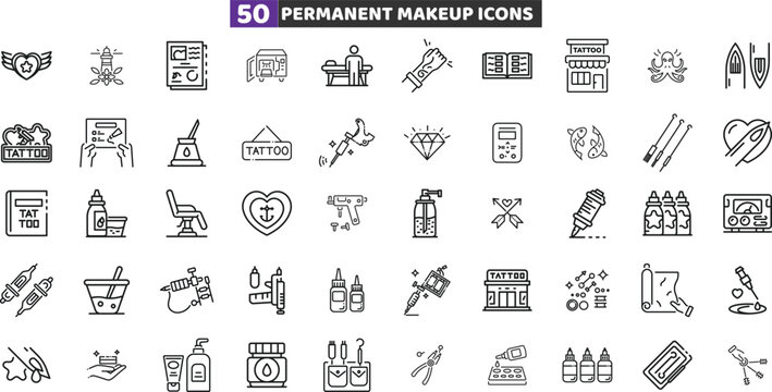 Permanent Makeup and Tattoo Studio Line Icons Set, Microblading and Cosmetic Ink Vector Collection