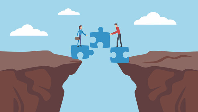 People connecting puzzle pieces to bridge a gap between two cliffs