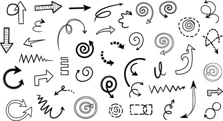 Obraz premium Set of hand drawn black arrow icons with various swirls curves zigzags pointers and directional signs cad drawing flat vector illustration
