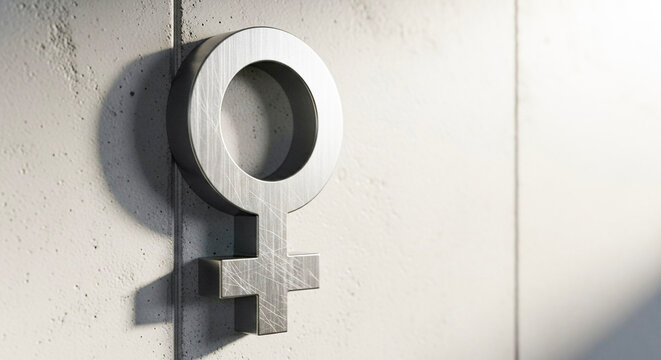 Female gender symbol made of metal on textured gray wall  
