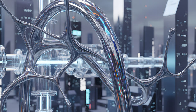 Liquid Metal Organic Structure in Futuristic City, Reflective Chrome Neural Network Design with Urban Skyscraper Background 3D Illustration