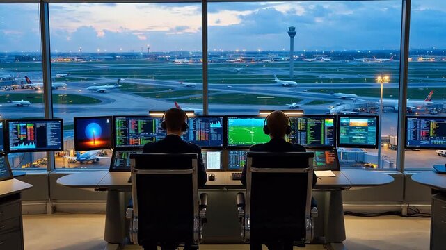 Air traffic controllers at work in a control tower