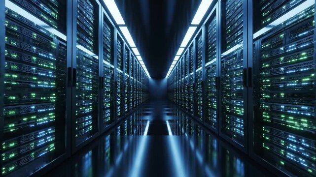 Data Center Server Room with Rows of Servers.