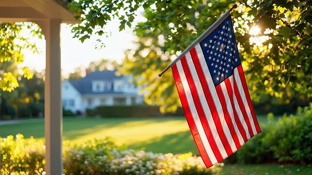 American flag in garden with house