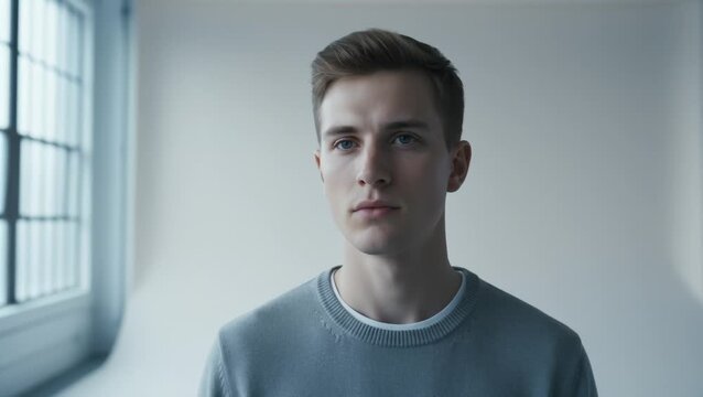 Young Man With Blue Eyes Looking Thoughtful in a Bright Studio Setting
