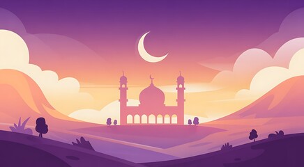 Fototapeta premium Serene mosque at sunset with crescent moon