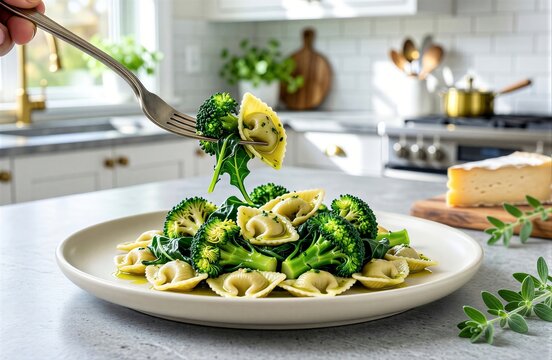 Orecchiette with broccoli rabe on kitchen countertop, person placing broccoli on pasta. Concept of bright, airy culinary setting featuring italian pasta, broccoli rabe.
