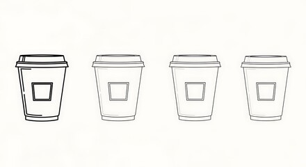 Four sketch style to go coffee cups arranged in a diminishing size sequence