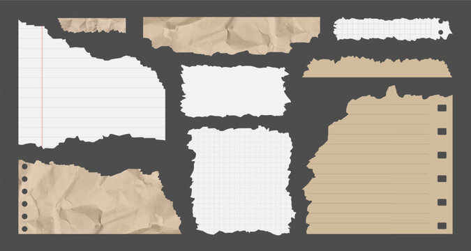 Ripped Paper Pieces. Realistic Crumpled Paper Scraps with Torn Edges. Ripped Notebook Paper Strips. Shreds Notebook or Newspaper Pages. White or Brown Scraps of Notepaper. Vector illustration.