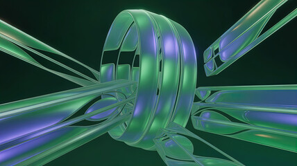 An abstract futuristic composition of gradient color transitions and flowing geometric shapes, creating a dynamic visual impression. 3D rendering