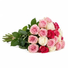 Naklejka premium Elegant bouquet of mixed pink and red roses wrapped in green foliage for special occasions.
