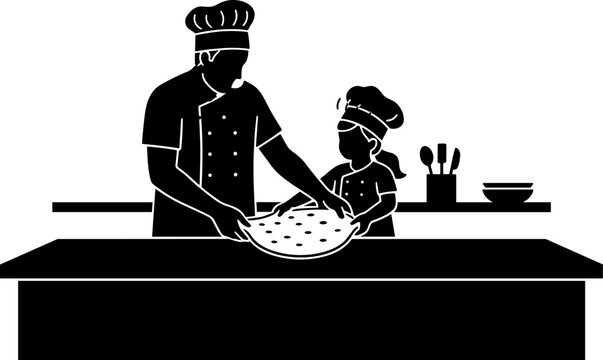  Father's Day Professional Chef Teaching Child Cooking Skills: Father and Daughter Making Dough or Pizza Together in a Kitchen - Black Glyph Silhouette Vector Illustration