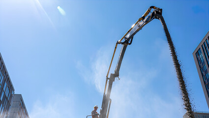 Pouring fresh concrete at a construction site, concrete pump, workers in personal protective equipment,