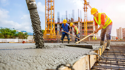 Pouring fresh concrete at a construction site, concrete pump, workers in personal protective equipment,