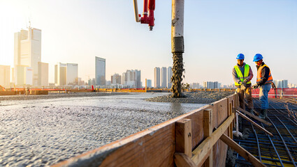 Pouring fresh concrete at a construction site, concrete pump, workers in personal protective equipment,
