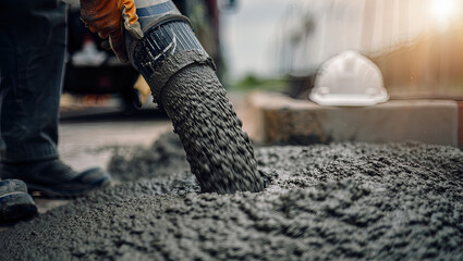 Pouring fresh concrete at a construction site, concrete pump, workers in personal protective equipment,
