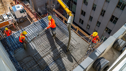 Pouring fresh concrete at a construction site, concrete pump, workers in personal protective equipment,