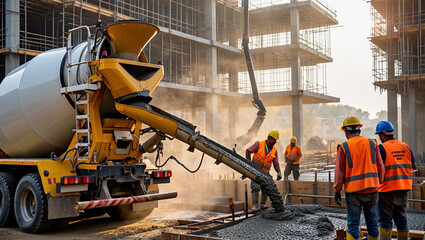 Pouring fresh concrete at a construction site, concrete pump, workers in personal protective equipment,