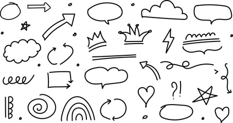 A collection of hand drawn speech bubbles icons and symbols