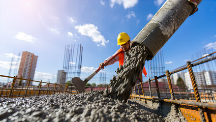 Pouring fresh concrete at a construction site, concrete pump, workers in personal protective equipment,
