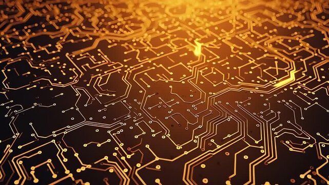 Abstract Digital Circuit Board with Glowing Orange Lines.