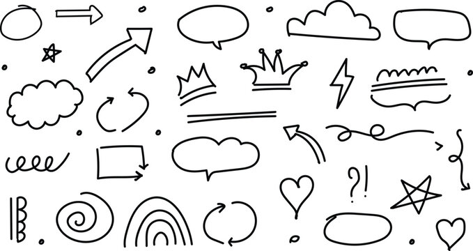 A collection of hand drawn speech bubbles icons and symbols
