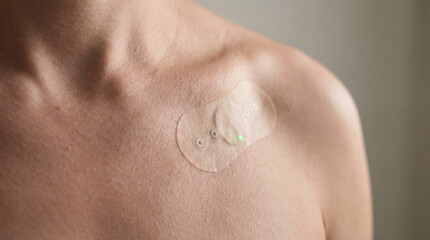 Fototapeta premium Embracing future wellness a delicate smart patch softly adheres to skin, actively tracking vital signs with a vibrant green luminescence