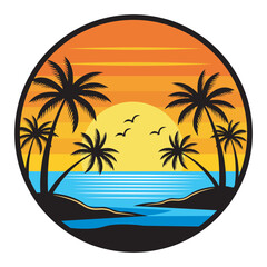 Fototapeta premium Tropical sunset beach vacation design Silhouetted palm trees ocean golden sun birds Paradise island summer travel vector