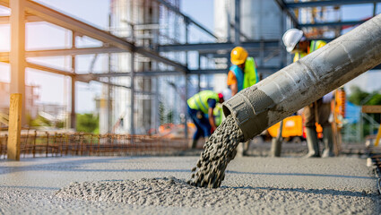 Pouring fresh concrete at a construction site, concrete pump, workers in personal protective equipment,