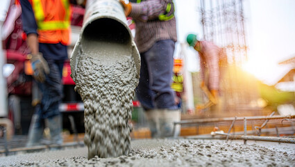 Pouring fresh concrete at a construction site, concrete pump, workers in personal protective equipment,