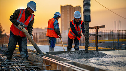 Pouring fresh concrete at a construction site, concrete pump, workers in personal protective equipment,