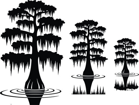 Cypress tree silhouette, swamp water reflection, marsh grass design, wetland nature art, black vector illustration, moss detail, ripples, landscape, ecology