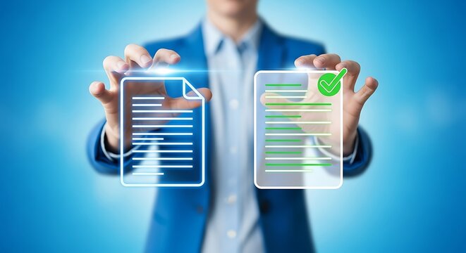 Businessman comparing two documents with verification