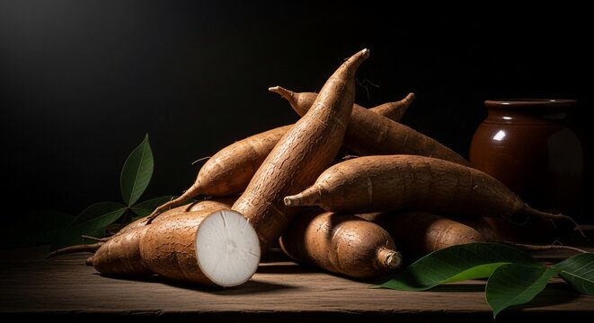 Fresh yuca roots with green leaves on rustic wooden table