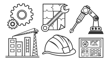 Fototapeta premium Industrial and mechanical icons represent machinery, including gears, a robotic arm, construction elements, and a control panel.