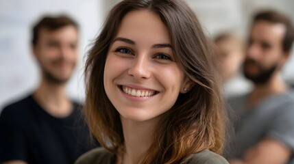 Fototapeta premium A young woman with a bright smile looking at the with blurred colleagues in the background