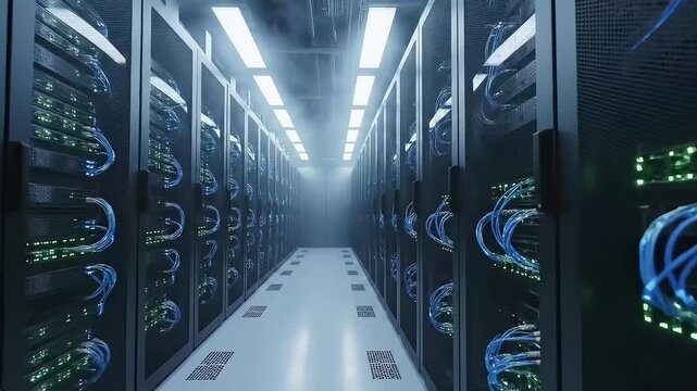 Modern Data Center Corridor with Rows of Server Racks
