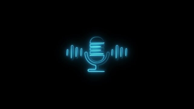Glowing neon cyan color mic icon. Microphone icon with neon voice recording. Podcast mic microphone button icon animated on black background. 4k video.